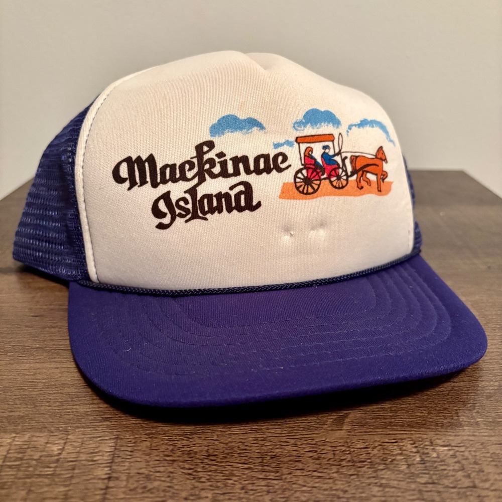 Vintage Mackinac Island Souvenir‎ Trucker Hat Blue White Novelty Tourist Cap
